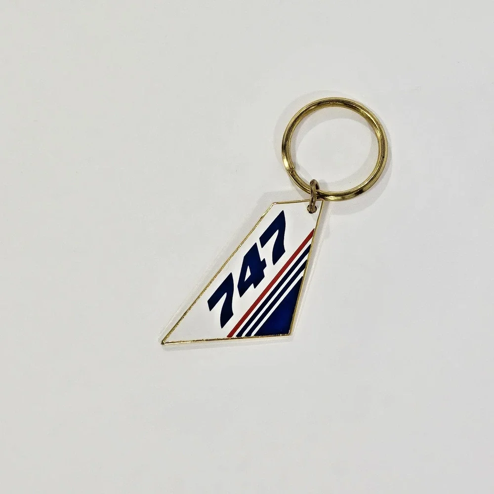 Vintage 747 Jet Airplane Tail Keychain Gold Tone Enamel Aviation Airline Pilot